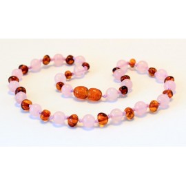 Baltic amber & rose quartz teething necklace BTN8